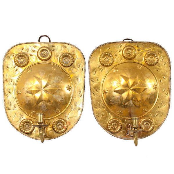 Pair of Swedish Brass Repousse One-Light Candle Wall Sconces