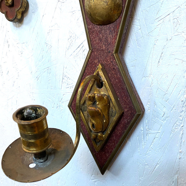 Pair French Egyptian Revival Gilt Paster, Wood and Brass Candle Wall Sconces