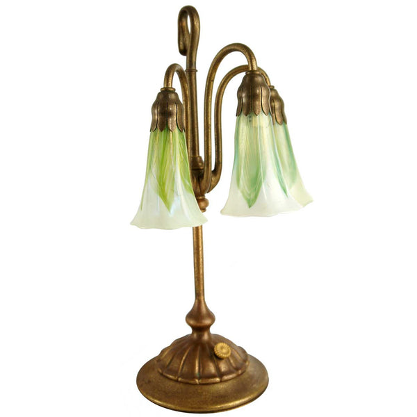 American Tiffany Studios Bronze and Favrile Glass Three-Light Lily Table Lamp