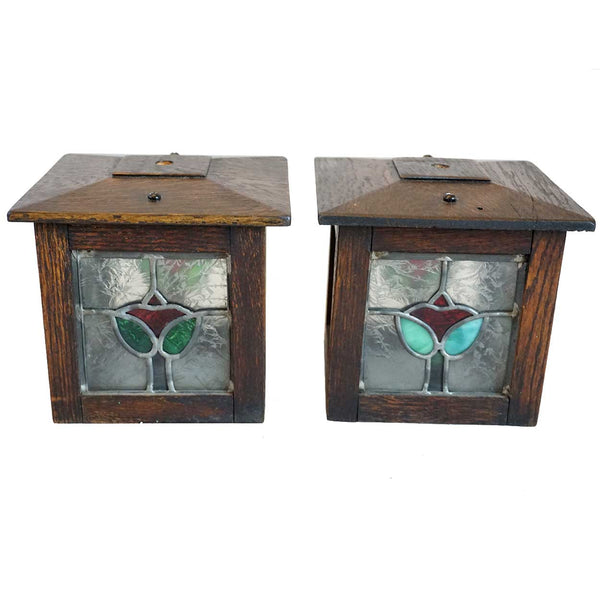 Pair American Arts and Crafts Oak, Stained and Leaded Glass Square Sconce Shades