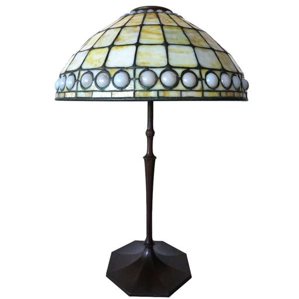 American Tiffany Studios Favrile Opalescent Jewelled Glass Geometric Table Lamp