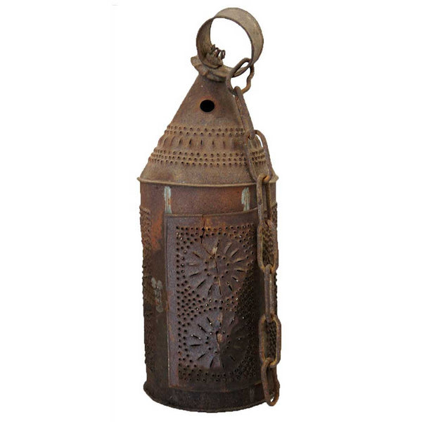 American Primitive Punched Toleware Hanging Candle Lantern