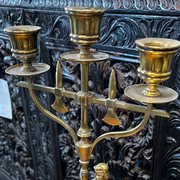 French Renaissance Revival Brass Figural Three-Light Candlestick