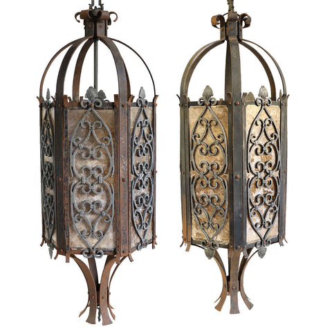 Pair of American Albert Sechrist Gothic Revival Bronze and Mica One-Light Pendant Lanterns