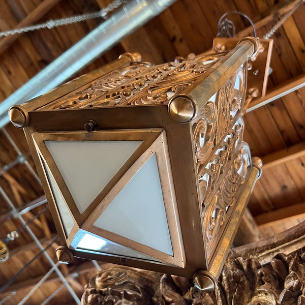 Pair American Albert Sechrist Bronze and Glass One-Light Pendant Lights