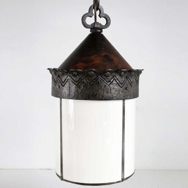 American Albert Sechrist Hammered Iron and Glass One-Light Pendant Hall Light
