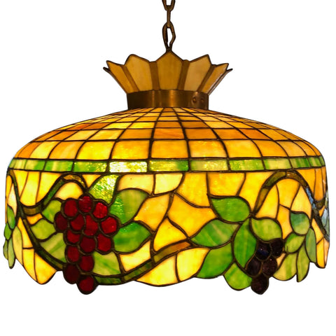 American Mosaic Glass Brass Mounted Grapevine Three-Light Hanging Pendant Light