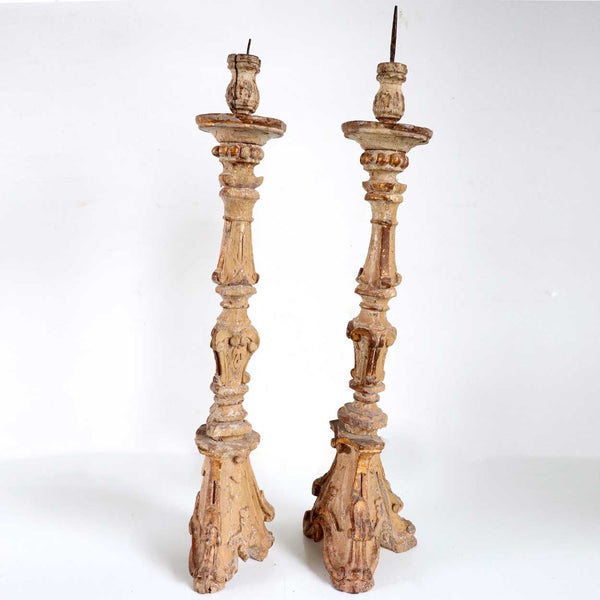 Large Pair of Indo-Portuguese Baroque Gilt Teak Pricket Candlesticks