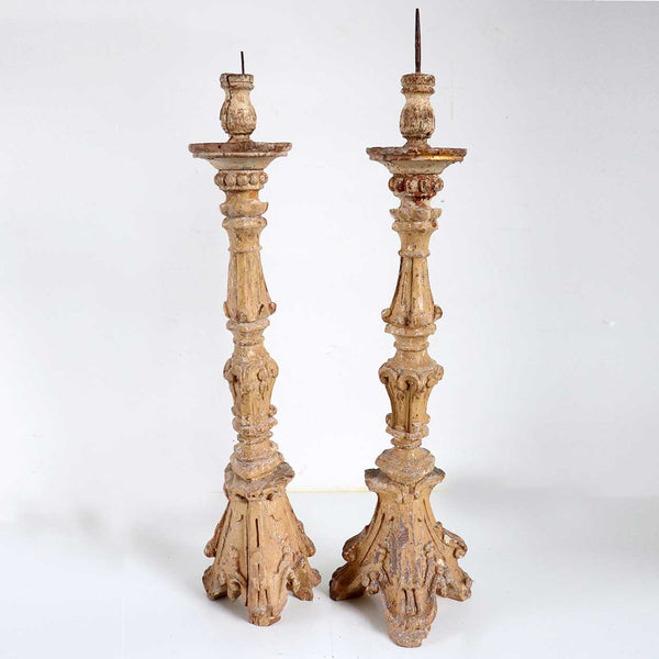 Large Pair of Indo-Portuguese Baroque Gilt Teak Pricket Candlesticks