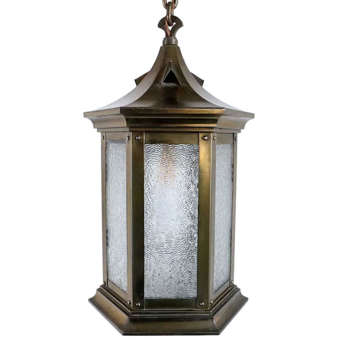American Brass and Textured Rolled Glass Hexagonal One-Light Hanging Lantern