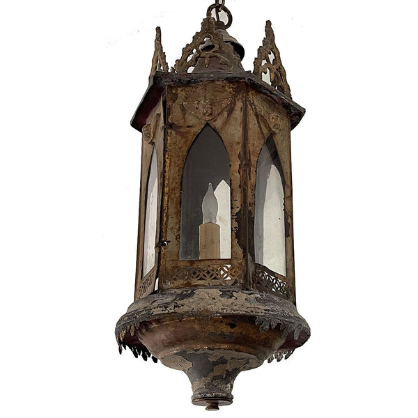 French Gold Painted Tole and Glass Hanging One-Light Gothic Pendant Lantern