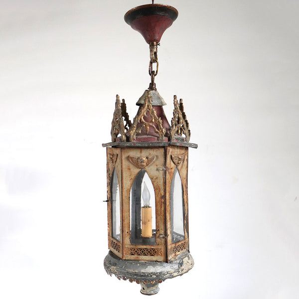 French Gold Painted Tole and Glass Hanging One-Light Gothic Pendant Lantern