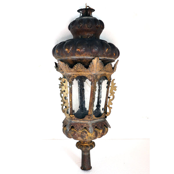 Pair of Italian Brass, Iron and Glass Processional Post Candle Lanterns