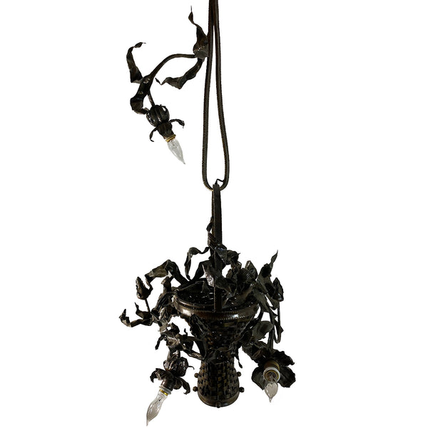 French Wrought Iron and Toleware Flower Basket Five-Light Chandelier