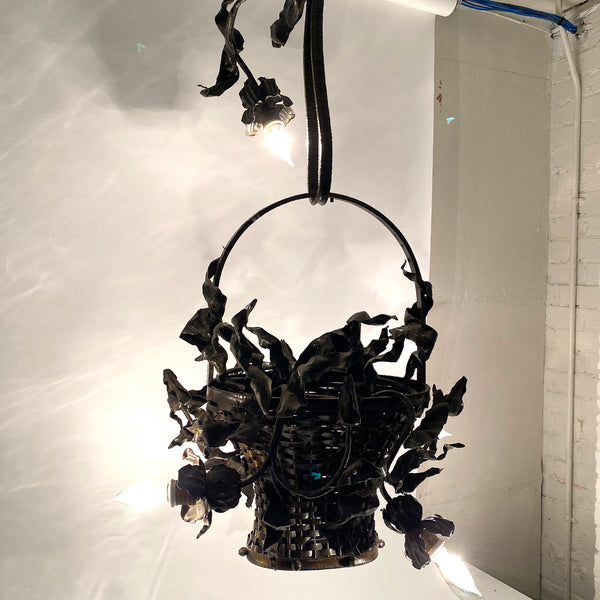 French Wrought Iron and Toleware Flower Basket Five-Light Chandelier