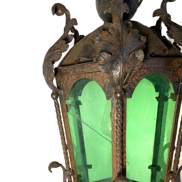 French Wrought Iron and Green Glass Hexagonal Pendant Lantern