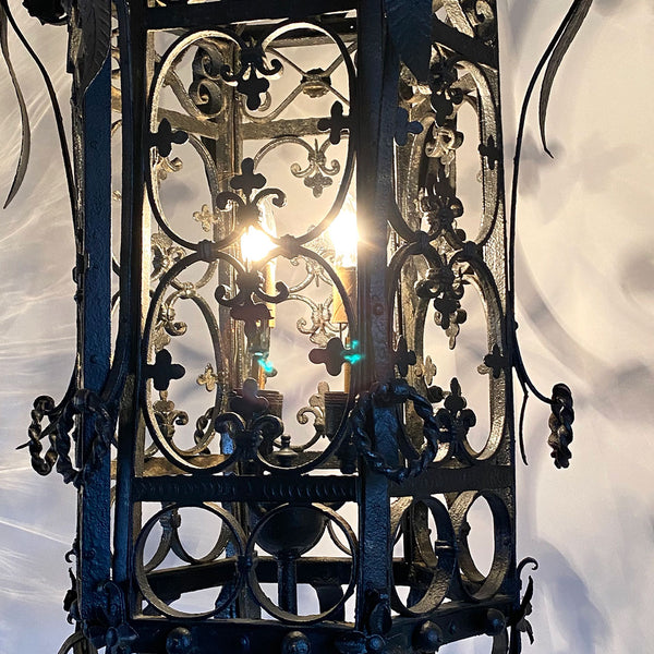 Fine Large American Wrought Iron Three-Light Hanging Pendant Lantern