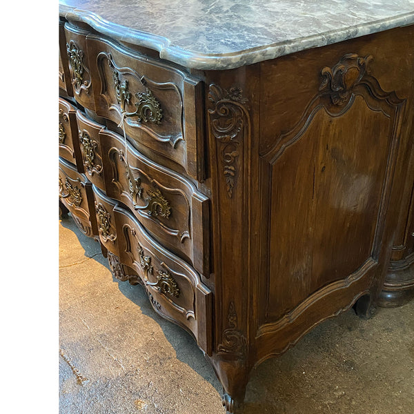Fine French Louis XV Grey Marble Top Walnut Commode Arbalete