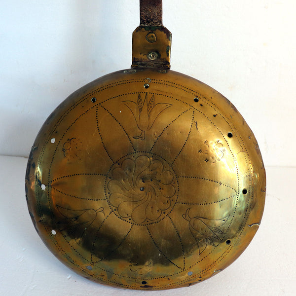 English 17th century Punched Brass and Wrought Iron Warming Pan