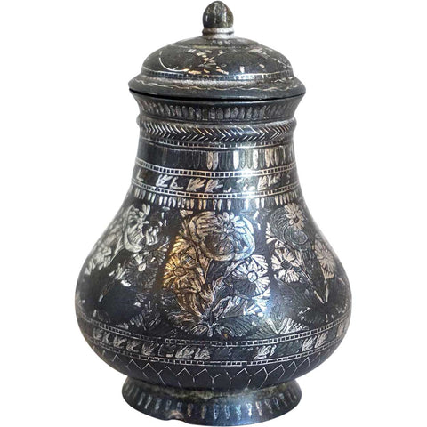 Small Indian Mughal Silver Inlaid Bidri Lidded Jar