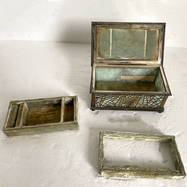 American Tiffany Studios Bronze and Opalescent Slag Glass Pine Needle Jewelry Box