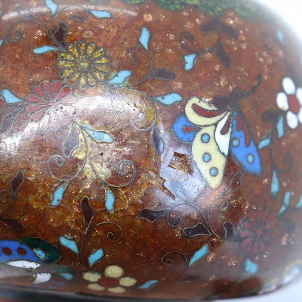 Small Japanese Cloisonne Brown Enamel Goldstone Footed Ginger Jar