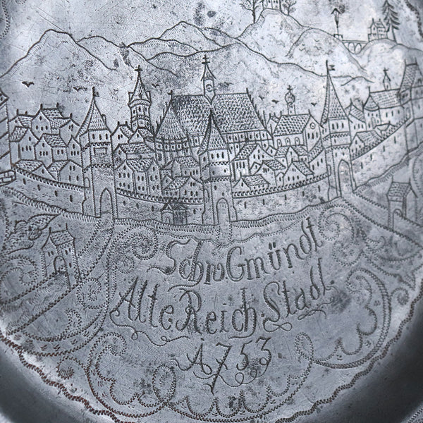 German Pewter Wrigglework and Engraved Reeded Schwabisch Gmund City Plate