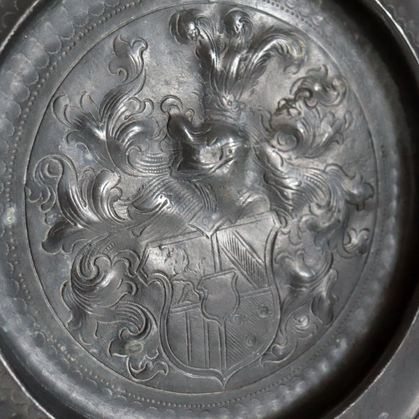 German Pewter Repousse and Chased Armorial Reeded Edge Plate
