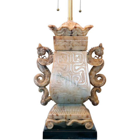 Heavy American Marbro Chinese Stone Temple Jar Two-Light Table Lamp