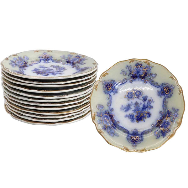 Set of 12 English Staffordshire Transferware Ironstone China Gilt and Flow Blue Dessert Plates