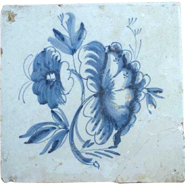 Dutch Delft Blue and White Floral Pottery Tile