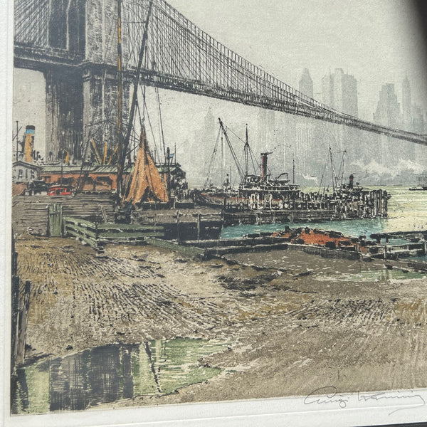 LUIGI KASIMIR Colored Aquatint Etching on Paper, New York Brooklyn Bridge #2