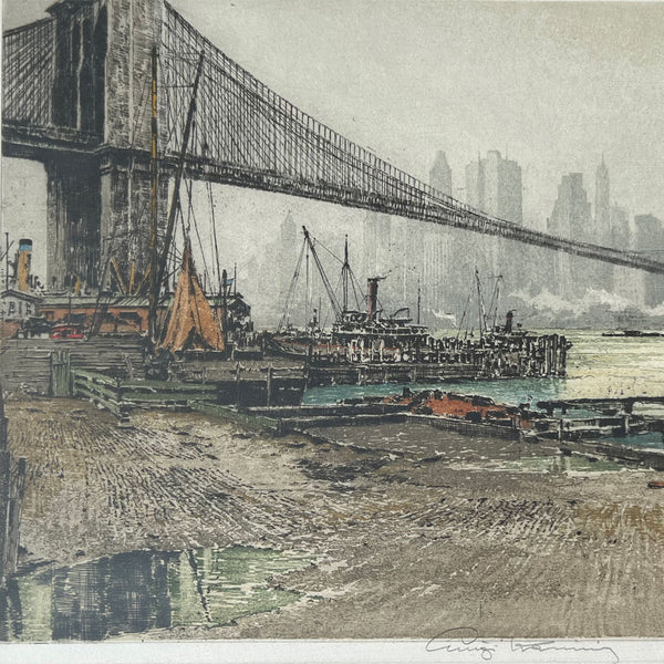 LUIGI KASIMIR Colored Aquatint Etching on Paper, New York Brooklyn Bridge #2
