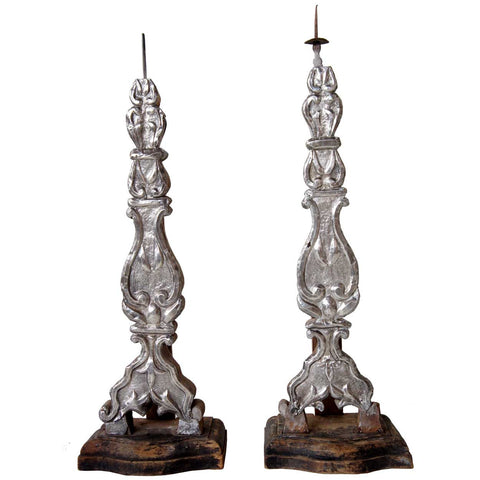 Rare Pair of Indo-Portuguese Silver Repousse Candlesticks