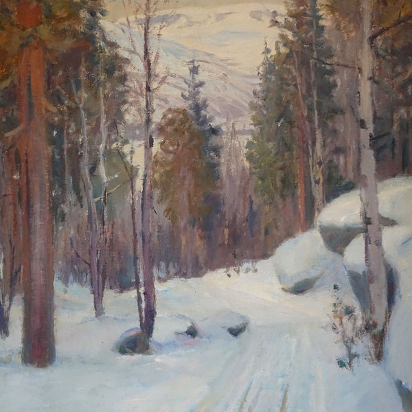 AKSEL P. KNUDSEN Oil on Canvas Painting, Scandinavian Snowy Forest Road