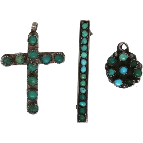 Vintage Native American Silver, Turquoise Pendants and Bar Pin (3 Pieces)