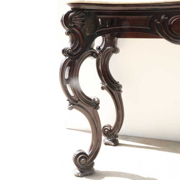 Large Pair of Anglo Indian Rococo Style Marble Top Mahogany Console Tables