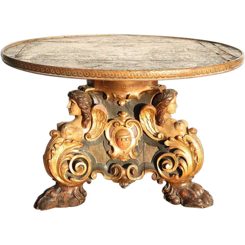 Italian Painted Pine and Embossed Leather Round Pedestal Coffee Table
