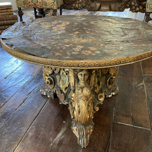 Italian Painted Pine and Embossed Leather Round Pedestal Coffee Table