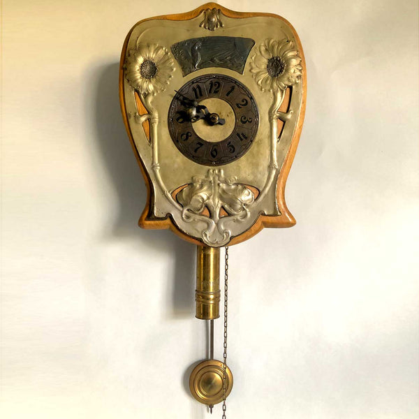 Unusual German Art Nouveau Brass and Beechwood Hanging Wall Clock