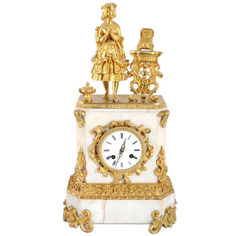 French Napoleon III Fire Gilt Bronze and Marble Figural Mantel Clock