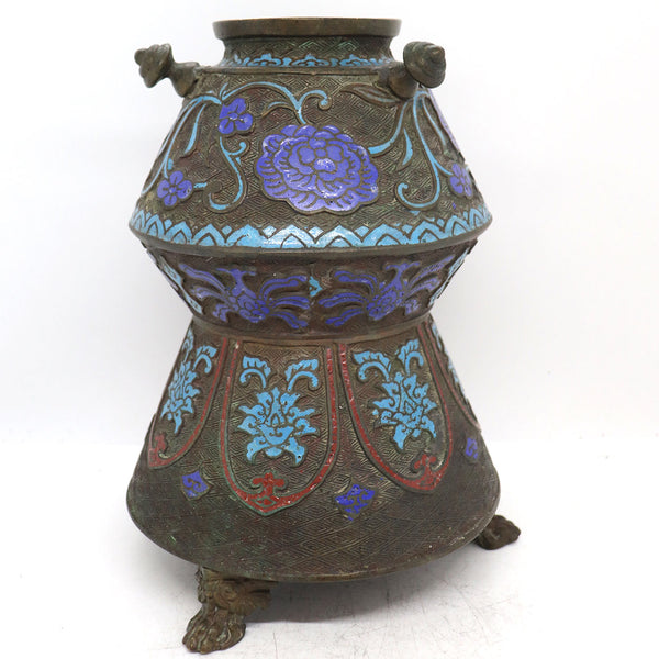 Large Japanese Meiji Bronze and Champleve Enamel Vase Urn