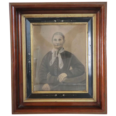 American Walnut Frame with Signed Charcoal on Paper Drawing, Portrait of a Lady