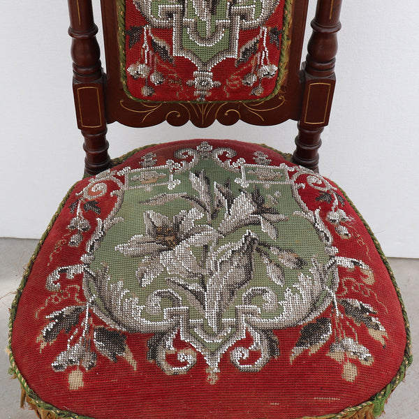 Tall English Walnut Crewelwork Upholstered Parlor Slipper Chair