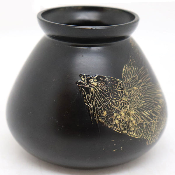 Bohemian Glass Hyalith Opaque Black and Gold Koi Cabinet Vase