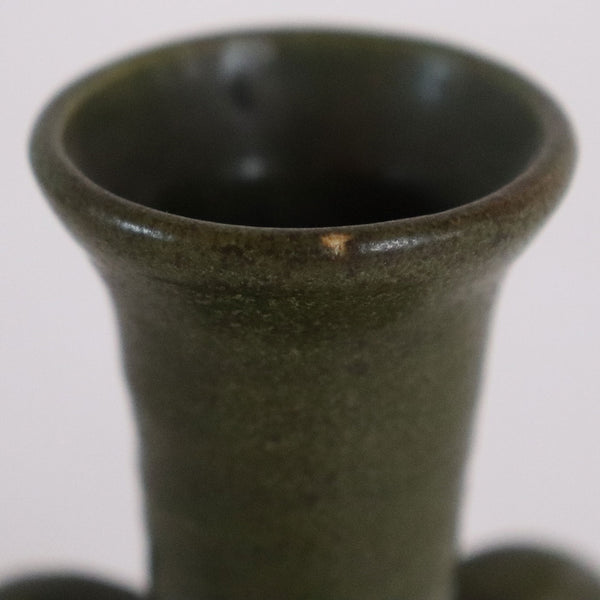 American Walrath Pottery Matte Green Glaze Three-Handle Candlestick