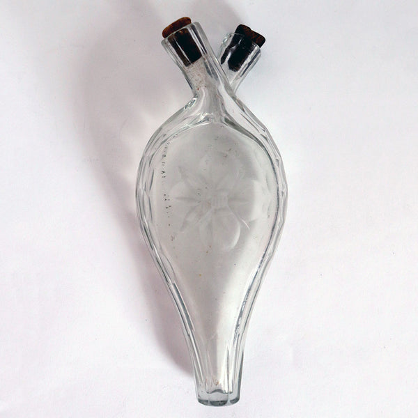 English Etched Glass Double Neck Gimmel Flask Perfume Bottle
