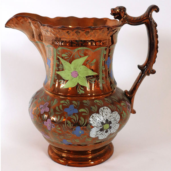 English Staffordshire Enamelled Copper Luster Dog-Handle Pitcher
