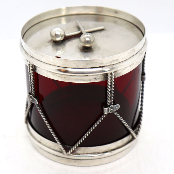 Vintage American R. Blackinton Sterling Silver and Ruby Red Glass Miniature Drum Jam Jar