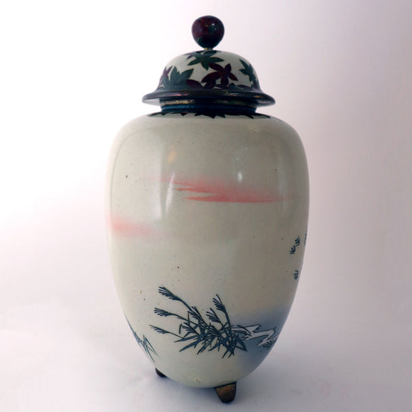Vintage Japanese Cloisonne Enamel Deer Lidded Urn / Ginger Jar